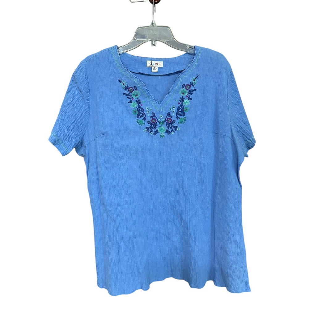 Denim & Company Blue Embroidered‎ V Neck Short Sleeve Gauzy Tunic Top Women XL